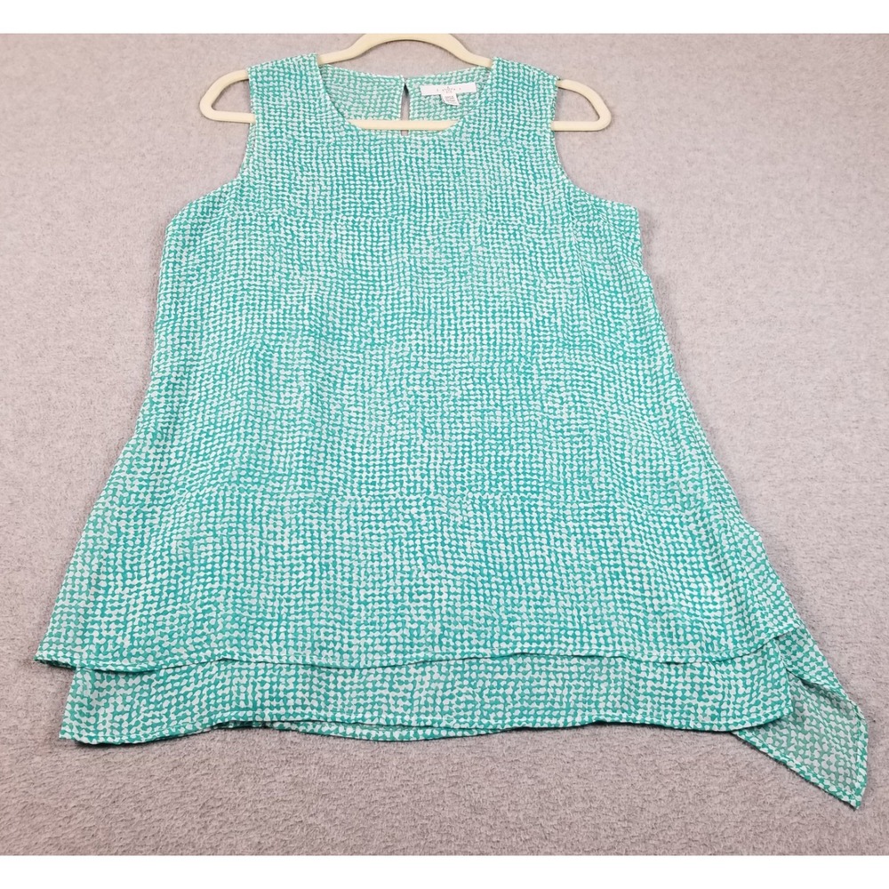 Fever Tank Top Women S Small Green White Geometric Sheer Layered Hem Sleeveless
